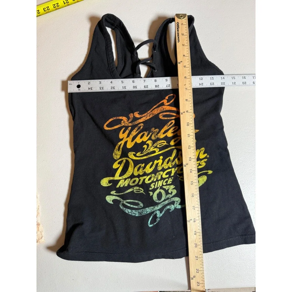 Harley-Davidson Womens Black Lace Up Back Graphic Tank Top Rainbow Logo Small